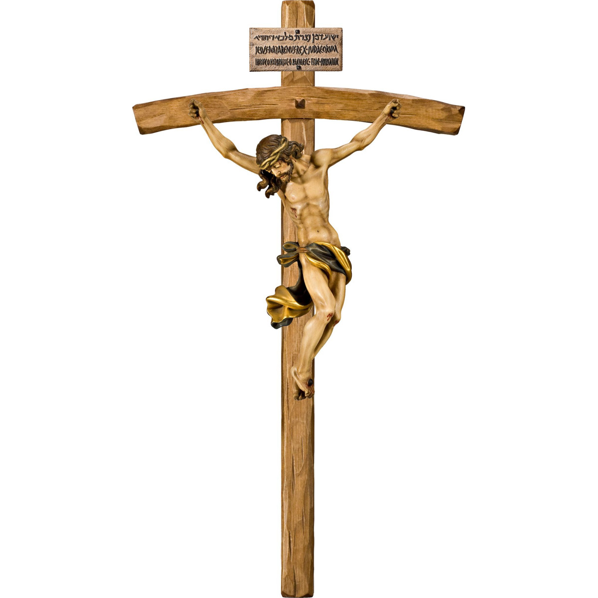 Cristo Barroco en cruz arqueada con Titulus Crucis en hebreo - latín - griego